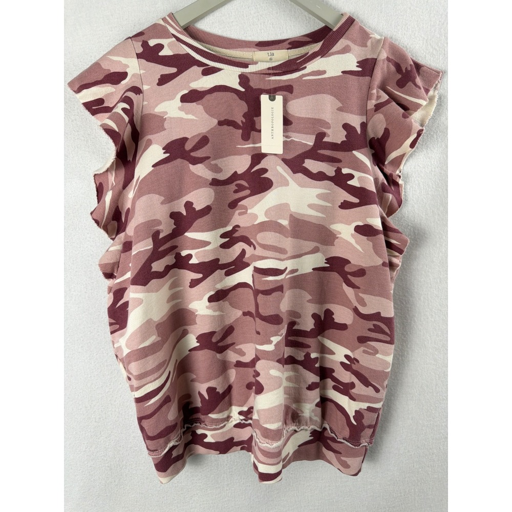 Anthropologie t.la Pink Camo Ruffle Short Sleeve Sweatshirt XL Maroon Aggie